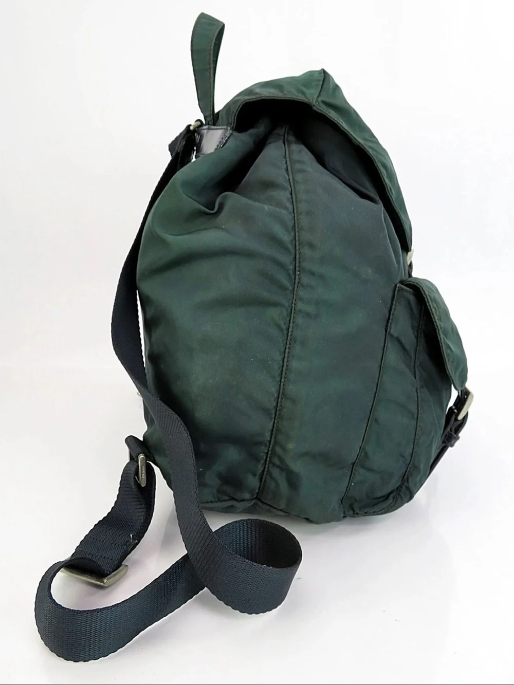 Prada Dark Green Nylon Drawstring Backpack with Front Pockets